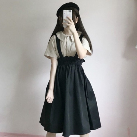 Spring Autumn Women Skirt Casual Sweet A-line Long Skirts Solid Simplicity Strap Skirt Female Japan Style