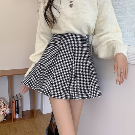 Houndstooth Plaid Autumn Mini Skirts Women Vintage Harajuku Ball Gown Party Skirt Zipper Shorts Skirt Elegant Streetwear M319