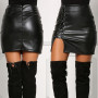 Autumn Sexy Girls Above Knee Black PU Leather Mini Skirts Spring Women High Waist Bodycon Front Split Elegant Short Skirt DS334