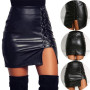 Autumn Sexy Girls Above Knee Black PU Leather Mini Skirts Spring Women High Waist Bodycon Front Split Elegant Short Skirt DS334