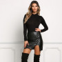 Autumn Sexy Girls Above Knee Black PU Leather Mini Skirts Spring Women High Waist Bodycon Front Split Elegant Short Skirt DS334