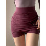 Wine Red Pleated Skirts Autumn High Waist Slim Hip Fold Peach Mini Skirt Hot Sexy Korean Sweet Women Skirts Asia skirt 62NW