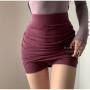 Wine Red Pleated Skirts Autumn High Waist Slim Hip Fold Peach Mini Skirt Hot Sexy Korean Sweet Women Skirts Asia skirt 62NW