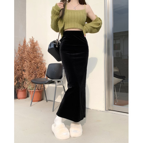 SML Fish Tail Velvet Skirt Women Mermaid Trumpet Long Skirts Ankle Length Empire High Waist Skinny Bodycon Skirt Female(77100