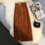 COIGARSAM Love Women Corduroy Skirt Spring Autumn Vintage Korea Style Office Lady Belt Solid High Waist Zipper Khaki Skirts