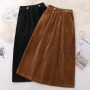 Autumn Winter Corduroy Skirt Women Elastic Waist A Line Loose Casual Mid Calf Skirt Female Classy Mujer Solid Color Clothing