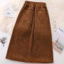 Autumn Winter Corduroy Skirt Women Elastic Waist A Line Loose Casual Mid Calf Skirt Female Classy Mujer Solid Color Clothing