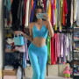 Y2K Streetwear Sexy Bandage Blue Co-ord Suits 2000s Fashion Drawstring Halter Top and High Waist Flare Pants 2 Piece Set