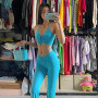 Y2K Streetwear Sexy Bandage Blue Co-ord Suits 2000s Fashion Drawstring Halter Top and High Waist Flare Pants 2 Piece Set