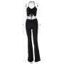 Y2K Streetwear Sexy Bandage Blue Co-ord Suits 2000s Fashion Drawstring Halter Top and High Waist Flare Pants 2 Piece Set