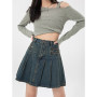 Women's Vintage Blue Denim Half Body Skirt Zipper Pleated High Waist Casual Fashion Baggy A-Line Jean Short Skirt Ladies Summer