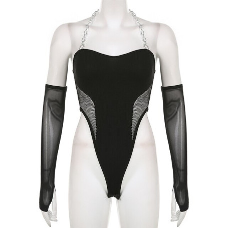 Women Overall Club Slim Sexy Gothic Chain Halter Backless Women Skinny Bodysuit Girl Shorts Jumpsuit Rompers with Oversleeve