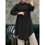 Holiday Vintage Muslim Blouse Fashion Shirt Islamic Clothing Autumn Women Long Sleeve O-Neck Solid Color Elegant Tops