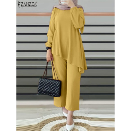 Turkey Dubai Abaya Muslim Sets Woman O-Neck Solid Color Long Sleeve And Loose Pant Casual Elegant Vintage Party Suit