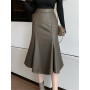 Seoulish Autumn Winter PU Leather Women's Mermaid Skirts 2022 New High Wasit Skirt Female Black Irregular Wrap Fishtail Skirts