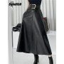 Seoulish Classic Black Faux PU Leather Long Skirts with Belted New High Waist Umbrella Skirts Ladies Female Autumn Winter