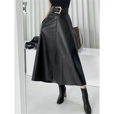 Seoulish Classic Black Faux PU Leather Long Skirts with Belted New High Waist Umbrella Skirts Ladies Female Autumn Winter
