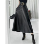 Seoulish Classic Black Faux PU Leather Long Skirts with Belted New High Waist Umbrella Skirts Ladies Female Autumn Winter