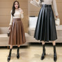 Seoulish Autumn Winter PU Faux Leather Women's Long Skirts with Belted 2021 New High Waist Vintage Umbrella A-Line Skirts Female