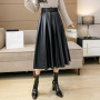 Seoulish Autumn Winter PU Faux Leather Women's Long Skirts with Belted 2021 New High Waist Vintage Umbrella A-Line Skirts Female