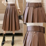 Seoulish Autumn Winter PU Faux Leather Women's Long Skirts with Belted 2021 New High Waist Vintage Umbrella A-Line Skirts Female