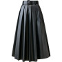 Seoulish Autumn Winter PU Faux Leather Women's Long Skirts with Belted 2021 New High Waist Vintage Umbrella A-Line Skirts Female