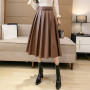 Seoulish Autumn Winter PU Faux Leather Women's Long Skirts with Belted 2021 New High Waist Vintage Umbrella A-Line Skirts Female