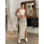 Pleated Long Skirt For Women Clothing Side Split Casual Streetwear Woven Y2k Aestheric Fashion Faldas Sexy Mujer Ankle Length