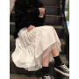 Long Tulle Midi Skirts Womens  Autumn Elastic High Waist Mesh Tutu Pleated Skirts Female Black White Long Skirt Streetwear