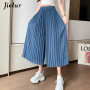 Jielur Summer Pleated Chiffon Wide-leg Pants Women Casual Black Midi Pant Skirts Female High-waist Straight Women's Pant