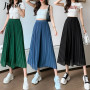 Jielur Summer Pleated Chiffon Wide-leg Pants Women Casual Black Midi Pant Skirts Female High-waist Straight Women's Pant