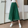 Jielur Summer Pleated Chiffon Wide-leg Pants Women Casual Black Midi Pant Skirts Female High-waist Straight Women's Pant