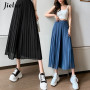 Jielur Summer Pleated Chiffon Wide-leg Pants Women Casual Black Midi Pant Skirts Female High-waist Straight Women's Pant