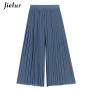 Jielur Summer Pleated Chiffon Wide-leg Pants Women Casual Black Midi Pant Skirts Female High-waist Straight Women's Pant