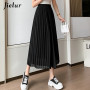 Jielur Summer Pleated Chiffon Wide-leg Pants Women Casual Black Midi Pant Skirts Female High-waist Straight Women's Pant