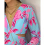 Cutout Frill Hem Ruched Tropical Print Dress