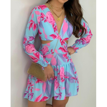 Cutout Frill Hem Ruched Tropical Print Dress