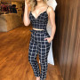 Women Two Piece Sets Cami Top High Waist Bodycon Ankle-length Pants Short Sleeveless Grid Plunge V-neck Wrapped Plaid Summer Age