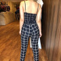 Women Two Piece Sets Cami Top High Waist Bodycon Ankle-length Pants Short Sleeveless Grid Plunge V-neck Wrapped Plaid Summer Age