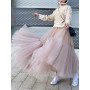 LANMREM Gauze Fluffy Elastic High Waist Mesh Skirts Long Loose Pleated Thin Fairy Skirt Women