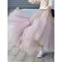 LANMREM Gauze Fluffy Elastic High Waist Mesh Skirts Long Loose Pleated Thin Fairy Skirt Women