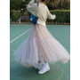 LANMREM Gauze Fluffy Elastic High Waist Mesh Skirts Long Loose Pleated Thin Fairy Skirt Women