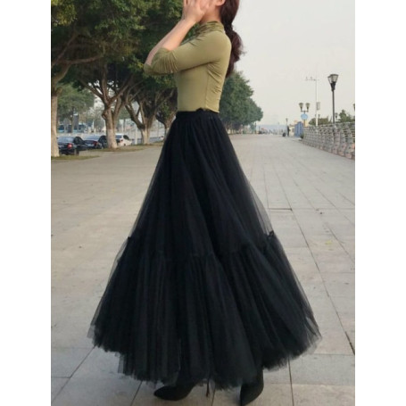 LANMREM Gauze Fluffy Elastic High Waist Mesh Skirts Long Loose Pleated Thin Fairy Skirt Women