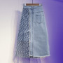 Fashion Denim Skirts Female Elastic High Waist Irregular Mesh Splicing A-line Skirt Ladies All-match Jeans Skirt Womens Trend