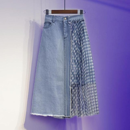 Fashion Denim Skirts Female Elastic High Waist Irregular Mesh Splicing A-line Skirt Ladies All-match Jeans Skirt Womens Trend