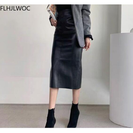 Fake Leather Pu Skirt High Waist Bandage Hip One-Step Retro Temperament Girls Women Solid Fashion Mid-lLength Split Slit Skirts