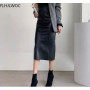 Fake Leather Pu Skirt High Waist Bandage Hip One-Step Retro Temperament Girls Women Solid Fashion Mid-lLength Split Slit Skirts