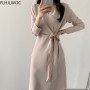 Chic Korea Fenimine Vestidos Women Fashion Lace-Up Bow Tie Elegant Office Lady Long Vintage Dress