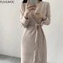 Chic Korea Fenimine Vestidos Women Fashion Lace-Up Bow Tie Elegant Office Lady Long Vintage Dress