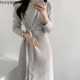 Chic Korea Fenimine Vestidos Women Fashion Lace-Up Bow Tie Elegant Office Lady Long Vintage Dress